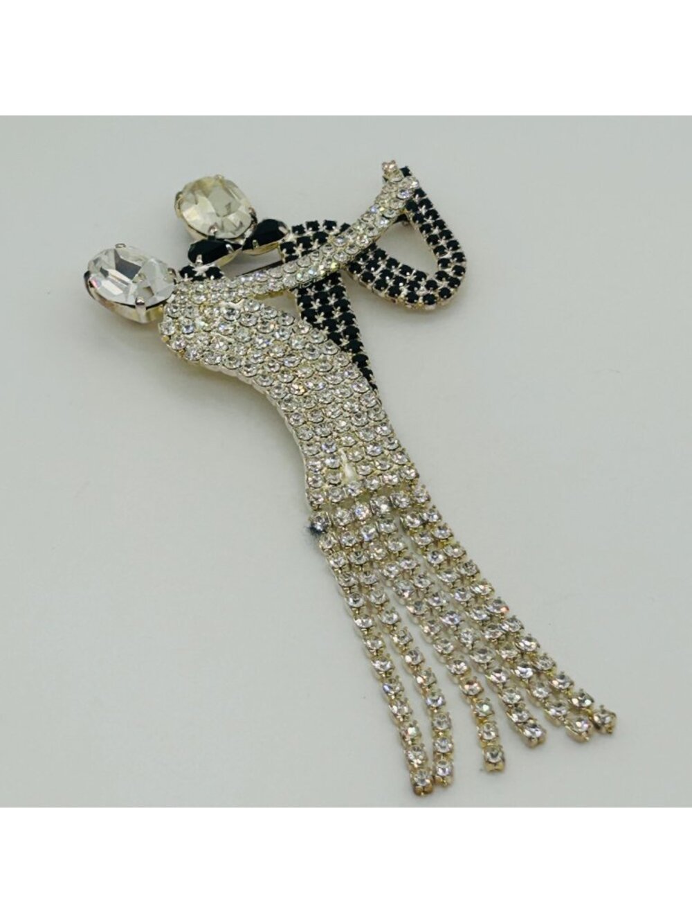 Art Deco Style Ballroom Dancers Rhinestone Brooch Fringe Pin Vintage Statement